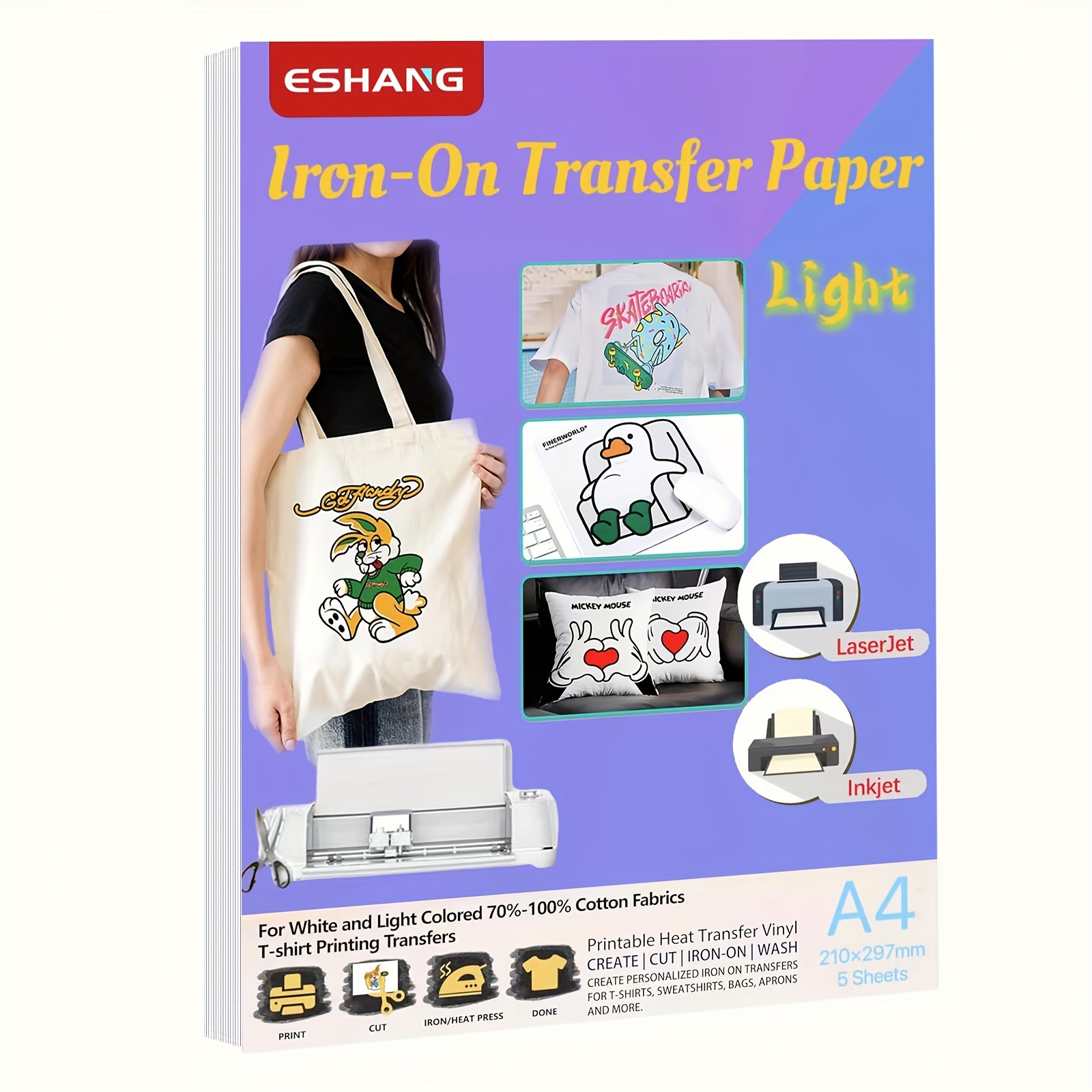Commercial Fabric Printing Machine - A4サイズの転写紙（軽い生地用）5枚入り インクジェット・レーザープリンター用、描画にも使える印刷可能な熱転写ビニール
